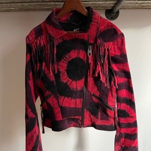 Suede leather fringe tie dye motorcycle biker jacket by Miss sixty size large
